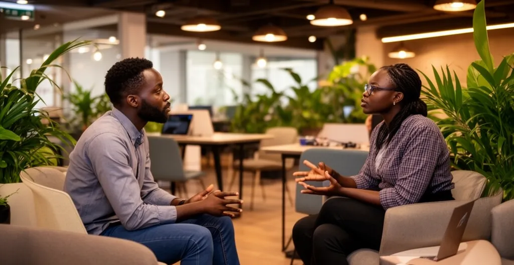 Two colleagues in relaxed meeting discussing work with tablet on table