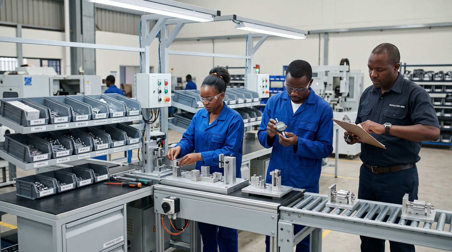 Senior production supervisor mentoring junior technician on manufacturing equipment operation in South African or Nigerian industrial facility production floor