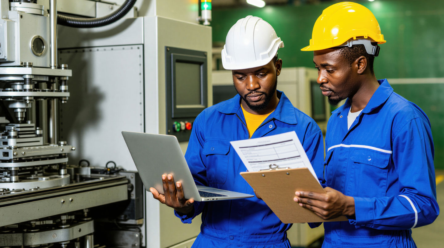 HR coordinator conducting onboarding orientation with newly hired industrial worker in manufacturing facility training room in Kenya or Ghana