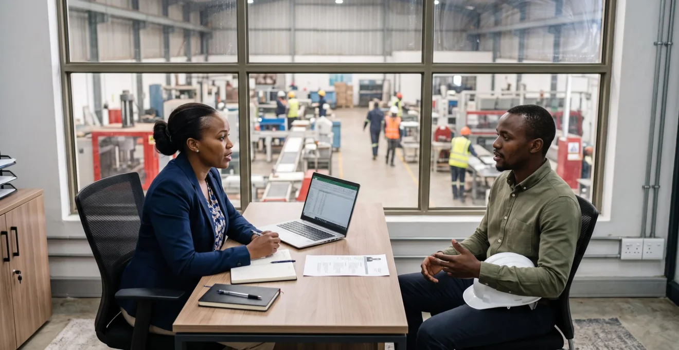HR manager conducting recruitment interview with technical worker candidate in modern manufacturing facility office in Nigeria or Kenya, production floor visible through background window