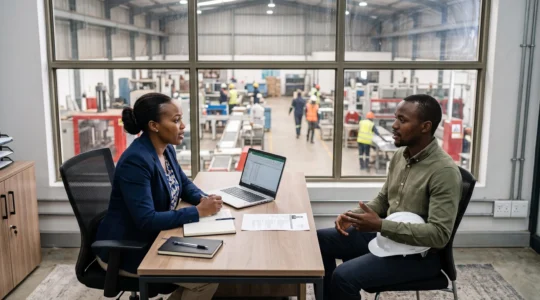 HR manager conducting recruitment interview with technical worker candidate in modern manufacturing facility office in Nigeria or Kenya, production floor visible through background window