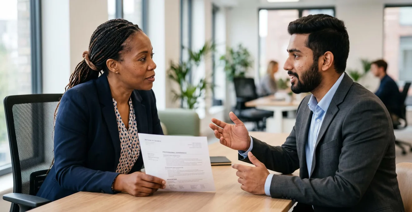 Recruitment consultant and international candidate engaged in face-to-face interview conversation across modern office desk with candidate's CV visible between them