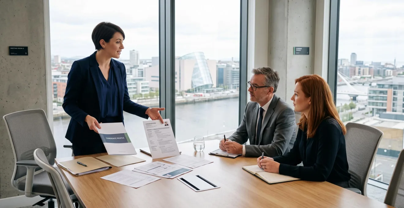 Recruitment consultant standing and presenting candidate profiles to two hiring managers across a conference table in a modern European agency office with city skyline visible through large window