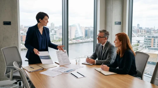 Recruitment consultant standing and presenting candidate profiles to two hiring managers across a conference table in a modern European agency office with city skyline visible through large window