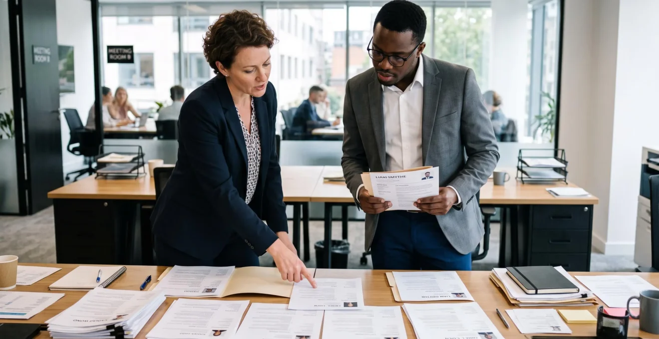 Two recruitment consultants standing around a desk reviewing and comparing multiple printed candidate CVs and profile documents in collaborative evaluation discussion